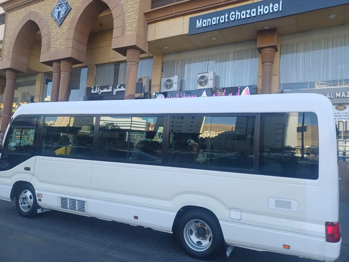 Coaster bus at a Makkah hotel